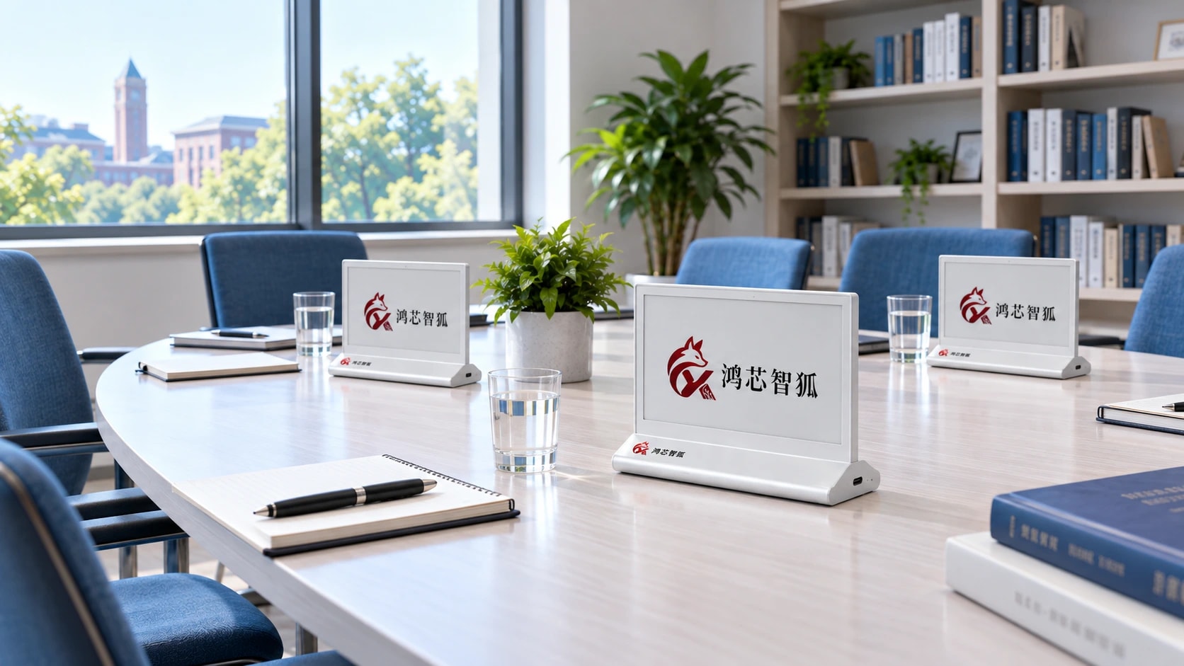 高校研讨: 场景示意（AI 生成）：直立双面电子桌牌置于会议桌上