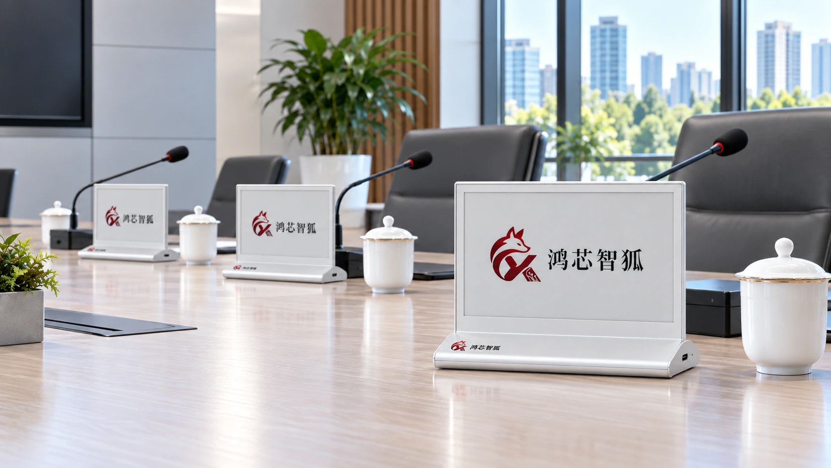 政企会议: 场景示意（AI 生成）：直立双面电子桌牌置于会议桌上